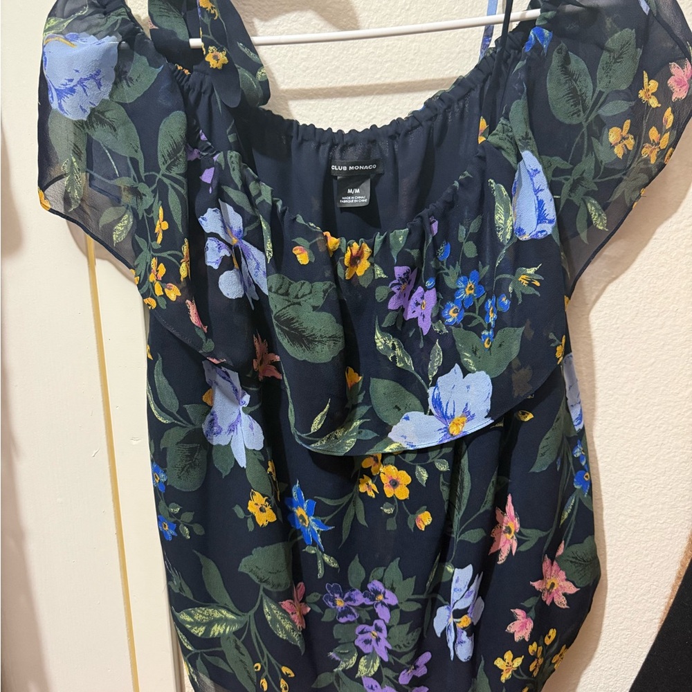 Club Monaco Black Floral Ruffle Off-Shoulder Top